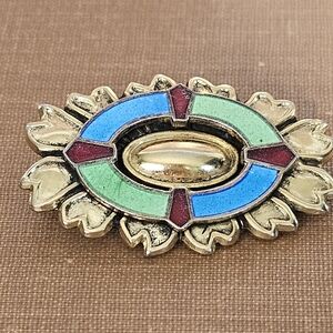 Vintage Freirich Enamel Brooch Gold Tone Geometric Floral Design 1960s MCM